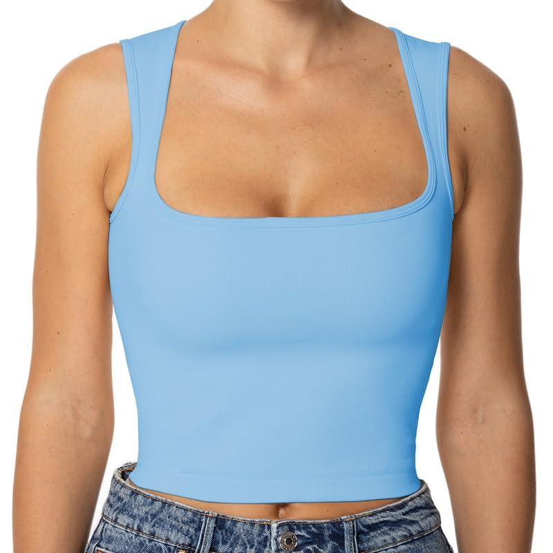 Sunzel Women's Sexy Sleeveless Crop Top Seamless Wide Square Neck Going Out Tops Summer Trendy Workout Yoga Casual Tank Top