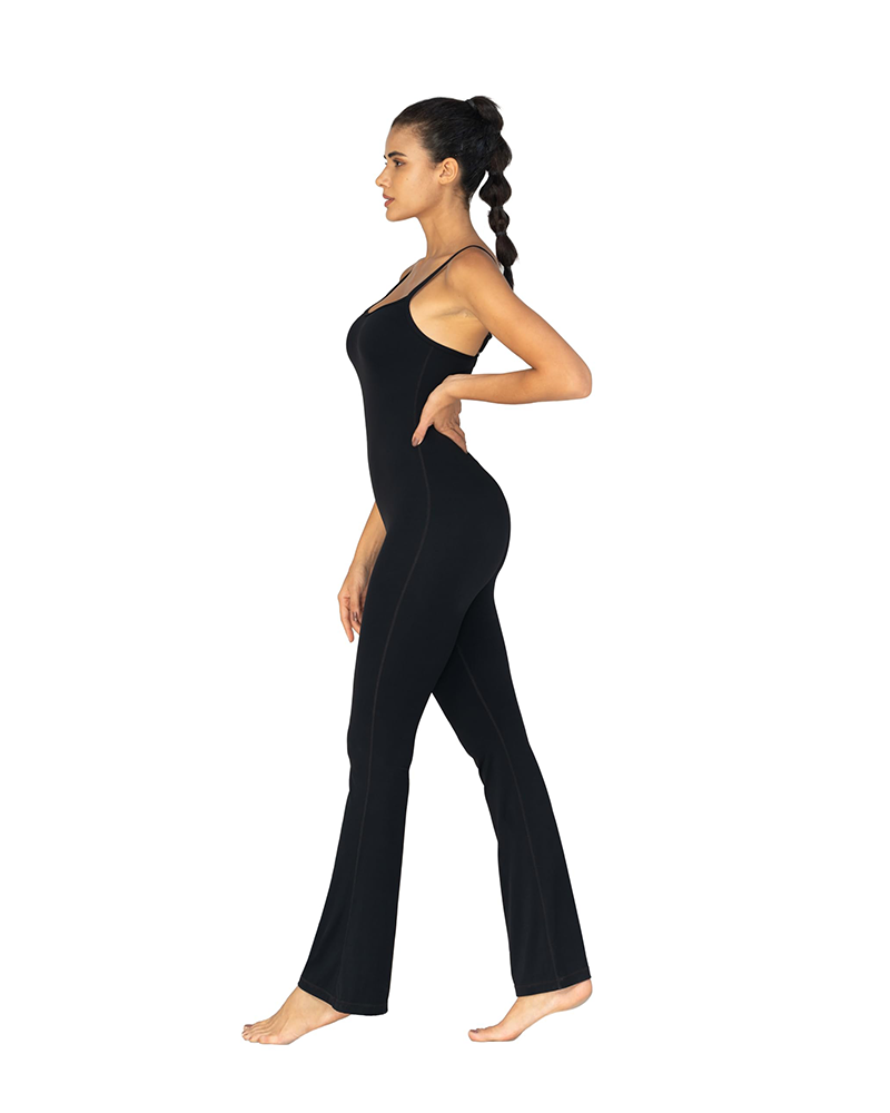 Sunzel Flare Jumpsuits for Women Spaghetti Straps Scoop Neck Bodycon Tummy Control Yoga Workout Unitard Romper Bell Bottoms