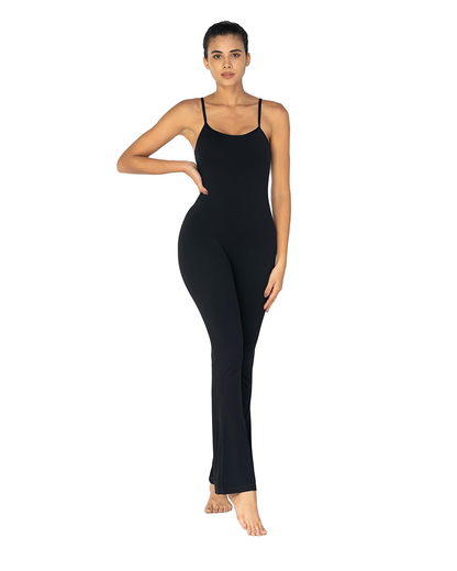 Sunzel Flare Jumpsuits for Women Spaghetti Straps Scoop Neck Bodycon Tummy Control Yoga Workout Unitard Romper Bell Bottoms