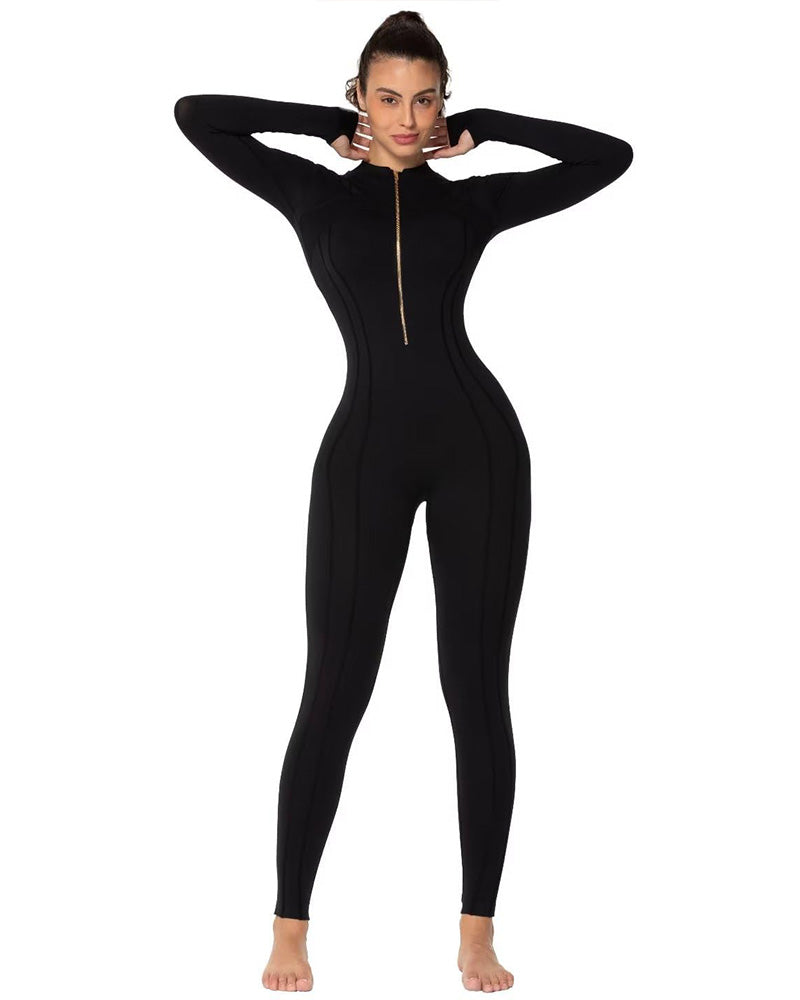 25" Women's Long Sleeve Bodycon Zip Jumpsuits